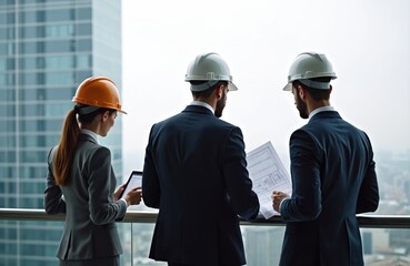 Architects and engineers team reviewing blueprints in modern skyscraper. Professionals discussing project plans, using tablet. Business people collaborating on construction, city view in background.