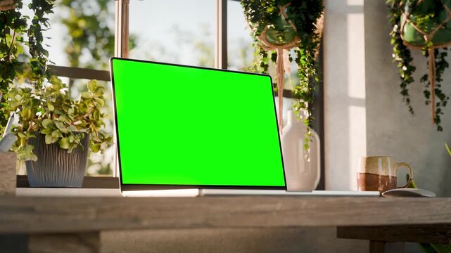 Laptop green screen mockup, slow and smooth camera movement - left perspective bottom view on desk with natural light and green plants &ndash; home office workspace. Screen tracking clip and matte included