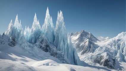 A majestic glacial landscape showcasing ice formations, snow, and distant mountains under a clear blue sky