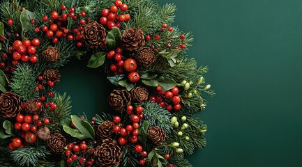 christmas wreath with red berries, pine cones, and christmas ornaments on a green background. flat lay, top view of christmas decoration. new year celebration concept.