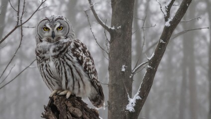 A majestic owl with yellow eyes perches on a snowy stump in a foggy winter forest
