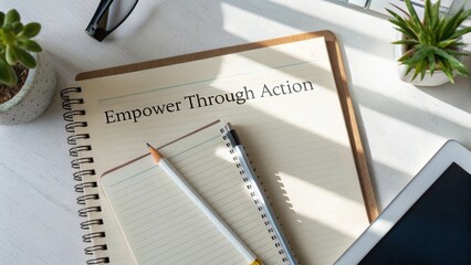 Empower Through Action Concept with Notebook, Pen, and Green Plants on a Desk Surrounded by Stylish Office Supplies