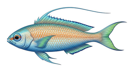 Obraz premium Isolated Threadfin Bream fish with blue fins and iridescent scales floating, detailed art