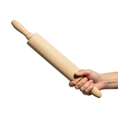 hand holding wooden rolling pin on Isolated transparent background png. generated with AI