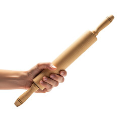 hand holding wooden rolling pin on Isolated transparent background png. generated with AI