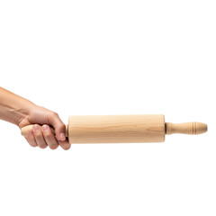 hand holding wooden rolling pin on Isolated transparent background png. generated with AI