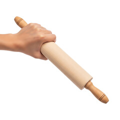 hand holding wooden rolling pin on Isolated transparent background png. generated with AI