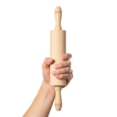 hand holding wooden rolling pin on Isolated transparent background png. generated with AI