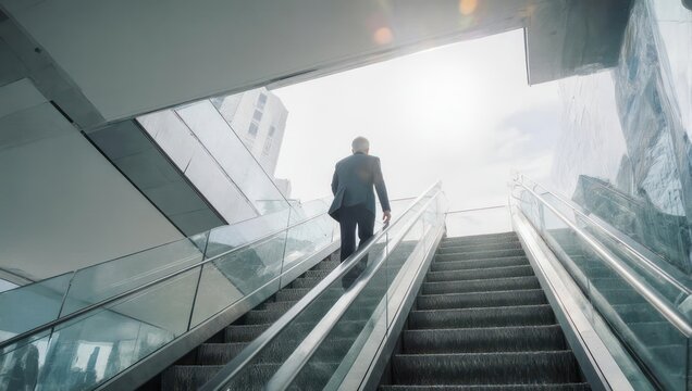 A man in a suit ascends an escalator toward bright sunlight and modern architecture