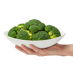 hand holding dish of Broccoli on Isolated transparent background png. generated with AI
