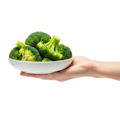 hand holding dish of Broccoli on Isolated transparent background png. generated with AI