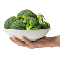 hand holding dish of Broccoli on Isolated transparent background png. generated with AI