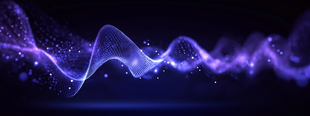 Neon purple wave flows in motion, luminous particles trace wave surface over dark void, soft mesh ripples yield dynamic wave energy for sound visual, tech banner with futuristic vibe and copy space