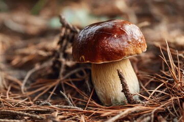 Macro photo of porcini mushroom with glossy brown cap in forest