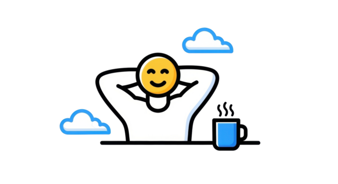 Isolated happy person relaxing with coffee, with hands behind head, cloud icons overhead