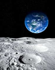 Realistic depiction of Earth rising above the lunar surface
