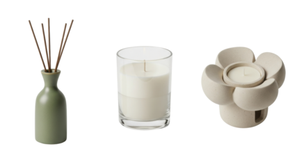 Isolated assortment of various candles and aroma sticks still life close up studio shot