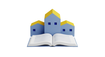 Isolated open book in front of buildings in the distance as a symbol of education research