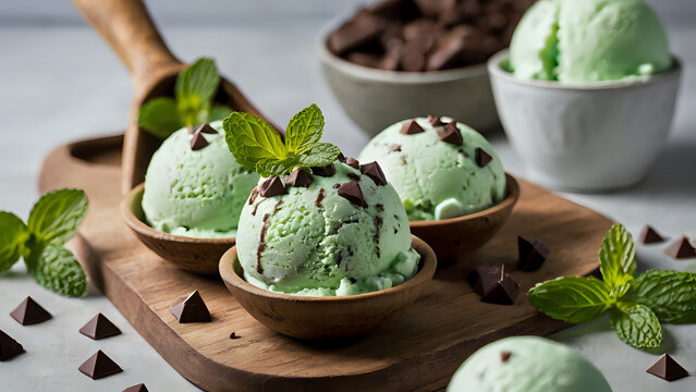chocolate ice cream, chocolate cake on a plate, Kulfa Ice Cream Scoops with Mint and Dark Chocolate Chips