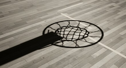 Monochromatic Basketball Hoop Shadow on Wooden Sports Court