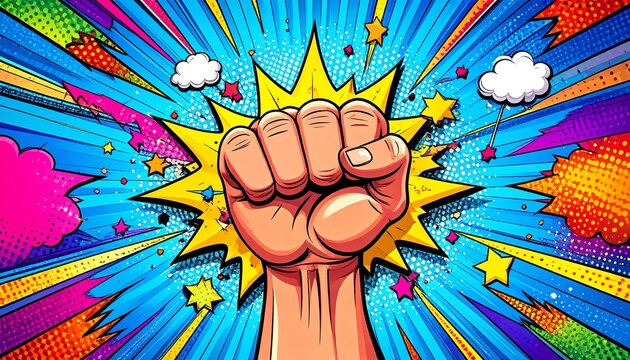A dynamic, comic book-style illustration featuring a clenched fist emerging from a starburst