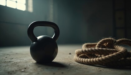 Black kettlebell and coiled rope on gym floor. Fitness equipment for strength training and exercise in dimly lit room. Kettlebell and rope for workout and physical activity.