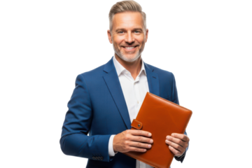 A smiling, confident middleaged businessman in a blue suit holding a brown leather folder, isolated on transparent background