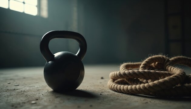 Black kettlebell and coiled rope on gym floor. Fitness equipment for strength training and exercise in dimly lit room. Kettlebell and rope for workout and physical activity.