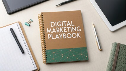 Modern Digital Marketing Playbook on a Desk Surrounded by Notebooks, Pens, and Tablets for Business Professionals