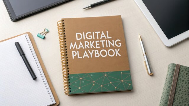 Modern Digital Marketing Playbook on a Desk Surrounded by Notebooks, Pens, and Tablets for Business Professionals
