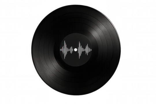 Vinyl record with sound waves playing music, representing analog audio and retro entertainment on transparent background