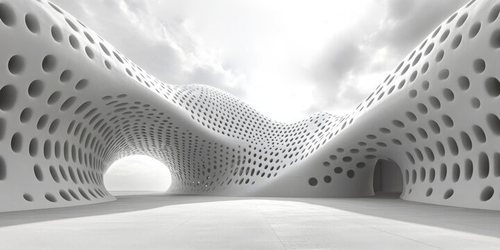 monochrome, futuristic architectural render of a porous, undulating structure in a digital 3D style. Great for websites/blogs on design, technology, innovation, or abstract concepts