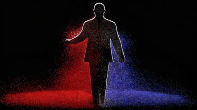 A figure walks through a dynamic and vivid split of red and blue light, embodying a powerful contrast in a visually striking and mesmerizing background atmosphere.