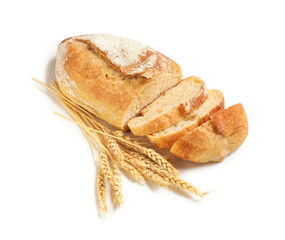 Cut loaf of fresh bread and wheat ears isolated on white background