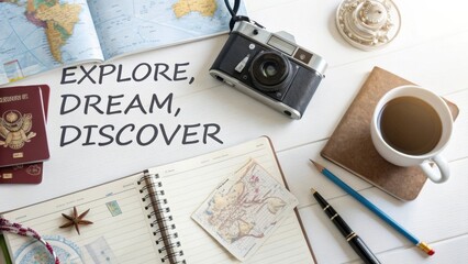 Vintage camera, maps, passport, notebook, and coffee cup arranged for adventure planning and travel inspiration