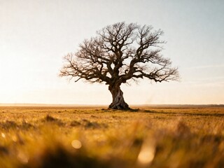 A striking, barren tree stands alone in a vast field, with the sun casting a warm glow on the landscape, evoking feelings of solitude and resilience.