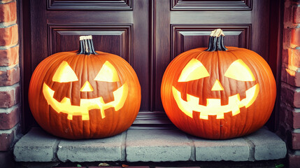 Twin glowing jack-o'-lanterns: two carved orange pumpkins with triangular eyes and jagged grins, lit warmly, side by side on a stone doorstep before a dark wooden door amid red brick walls. Spooky, in