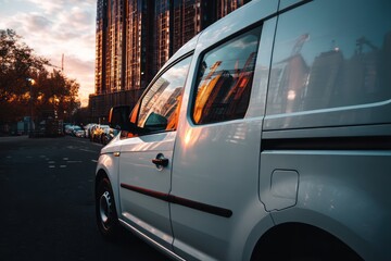 Fototapeta premium Side View White Delivery Van in City
