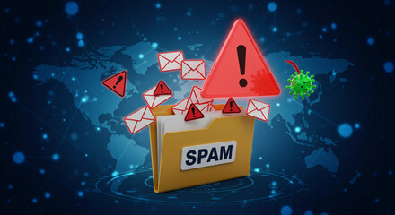 Spam folder with warning signs and virus icon, representing cyber security threat and email danger on a digital world map background