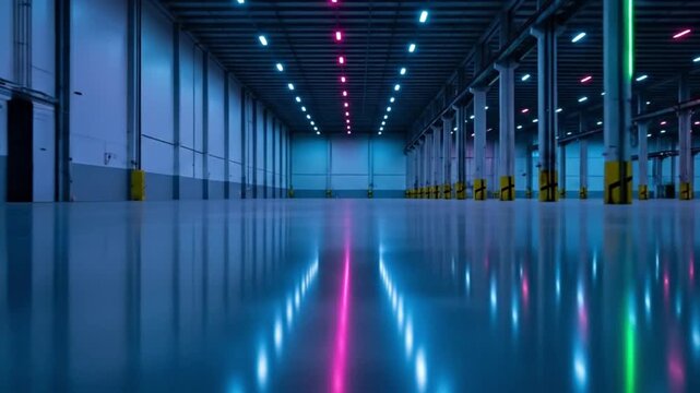 A simple and spacious empty warehouse interior with futuristic neon lighting and reflective floors, creating a modern industrial background