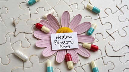 Healing Blossoms Concept with Floral Elements, Capsules, Jigsaw Puzzle Background, Bright and Hopeful Atmosphere