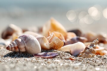 Soft Focus Seashells on Tranquil Sandy Beach Background