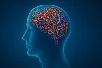 Obraz premium Blue head profile with tangled multicolored lines in brain area. Represents mental complexity, stress, and cognitive overload in scientific context.