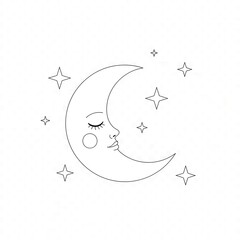 Crescent moon with face and stars isolated on white background