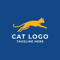 Dynamic cat logo design silhouette for brand identity on a blue background. Vector illustration.