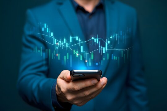 Person in suit holding phone with stock market chart overlayed in blue and white on a dark background