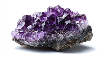 Fototapeta premium A striking cluster of deep purple crystals, showcasing natural beauty and geological formation. Its faceted surface gleams with an internal light.