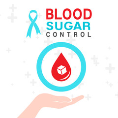 Diabetes day poster. Vector illustration of diabetes concept. Human hand with blood drop and blue ring