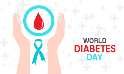 Blood sugar control. Diabetes concept poster. Vector illustration with hands holding blue ribbon and circle with blood drop