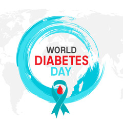 Diabetes day poster. Vector illustration of diabetes concept with blood drop and blue ribbon and circle on the world map backdrop